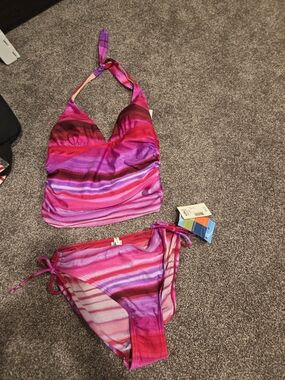 Ocean Dreams Pink and Purple Striped Halter Tankini Bikini Womens Size 12 NWT